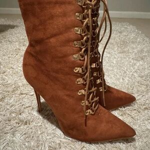 Pointed-Toe Lace-Up Stiletto Boots in Rust Brown Suede